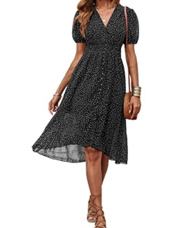 Women's Floral Wrap V-Neck Midi Dress Short Sleeve Boho Summer Beach Long Dress High Low Hem Smocked Dress Women