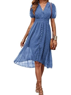 Women's Floral Wrap V-Neck Midi Dress Short Sleeve Boho Summer Beach Long Dress High Low Hem Smocked Dress Women