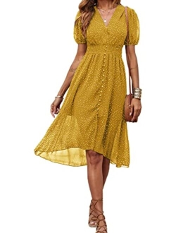 Women's Floral Wrap V-Neck Midi Dress Short Sleeve Boho Summer Beach Long Dress High Low Hem Smocked Dress Women