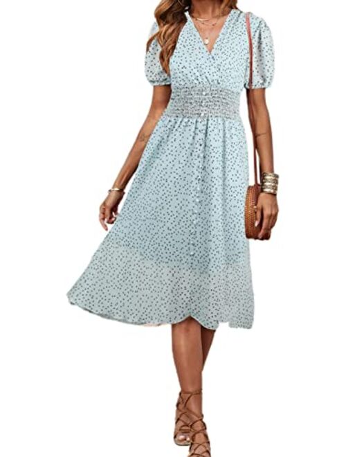 PRETTYGARDEN Women's Floral Wrap V-Neck Midi Dress Short Sleeve Boho Summer Beach Long Dress High Low Hem Smocked Dress Women