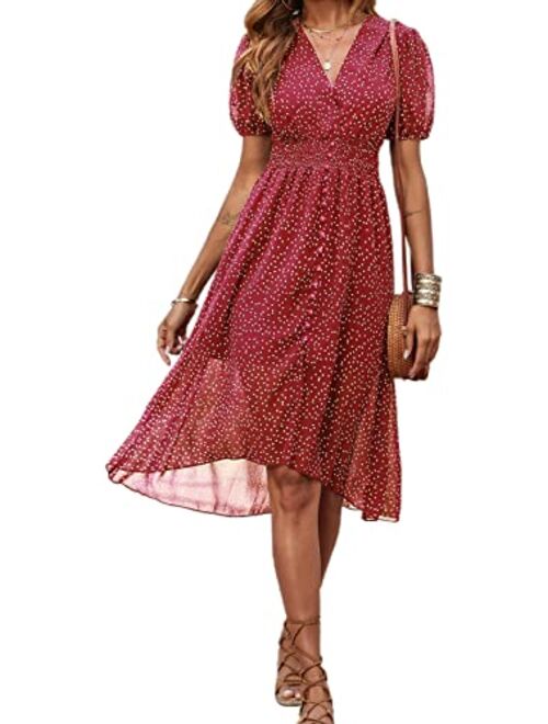 PRETTYGARDEN Women's Floral Wrap V-Neck Midi Dress Short Sleeve Boho Summer Beach Long Dress High Low Hem Smocked Dress Women