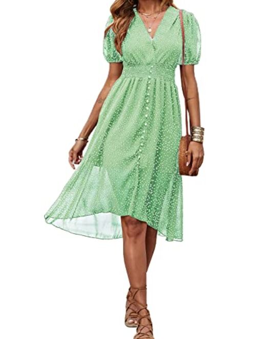 PRETTYGARDEN Women's Floral Wrap V-Neck Midi Dress Short Sleeve Boho Summer Beach Long Dress High Low Hem Smocked Dress Women