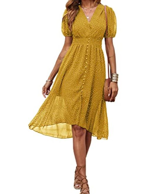 PRETTYGARDEN Women's Floral Wrap V-Neck Midi Dress Short Sleeve Boho Summer Beach Long Dress High Low Hem Smocked Dress Women