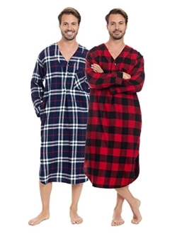 Men's 2 Pack Lightweight Cotton Flannel Sleep Shirt, Long Henley Nightshirt Pajamas