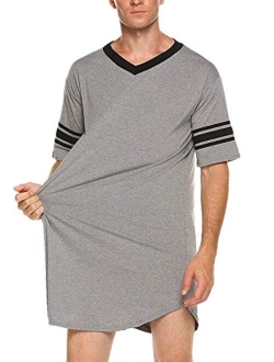 HEZIOWYUN Men's Nightwear, Cotton Nightshirt Comfy Big&Tall V Neck Short Sleeve Soft Loose Sleep Shirt