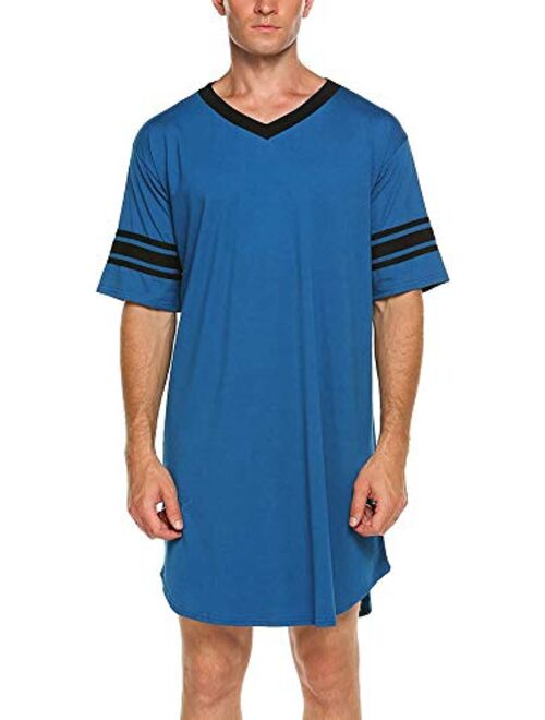 HEZIOWYUN Men's Nightwear, Cotton Nightshirt Comfy Big&Tall V Neck Short Sleeve Soft Loose Sleep Shirt