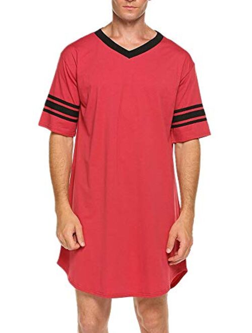 HEZIOWYUN Men's Nightwear, Cotton Nightshirt Comfy Big&Tall V Neck Short Sleeve Soft Loose Sleep Shirt