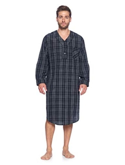 Ashford & Brooks Men's Long Nightshirt | Woven Plaid Henley Gown Sleep Shirt