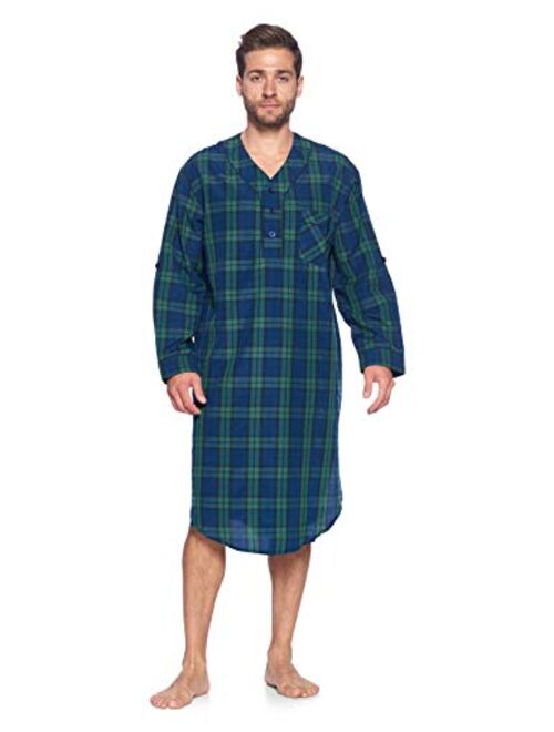 Ashford & Brooks Men's Long Nightshirt | Woven Plaid Henley Gown Sleep Shirt