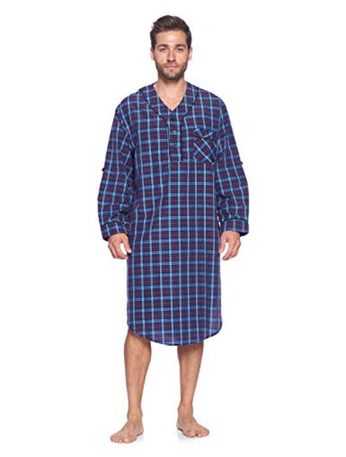 Ashford & Brooks Men's Long Nightshirt | Woven Plaid Henley Gown Sleep Shirt