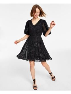 Clip-Dot Balloon-Sleeve Fit & Flare Dress