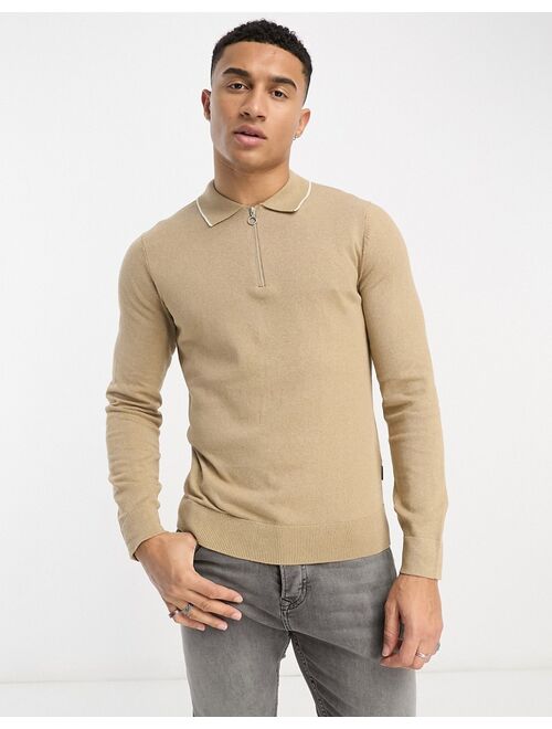 Only & Sons knitted polo with half zip in beige