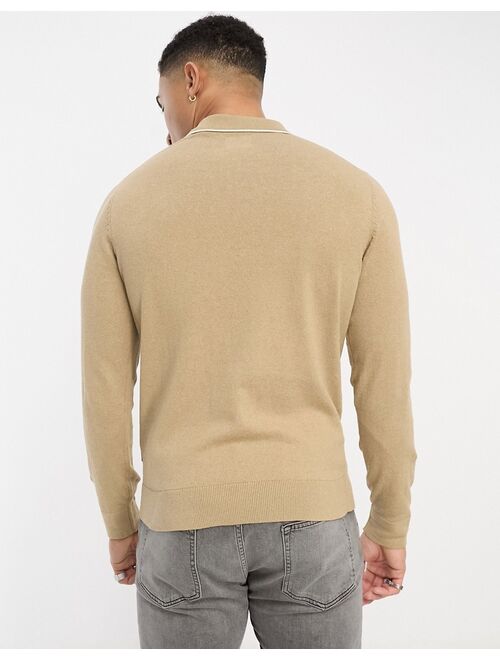 Only & Sons knitted polo with half zip in beige