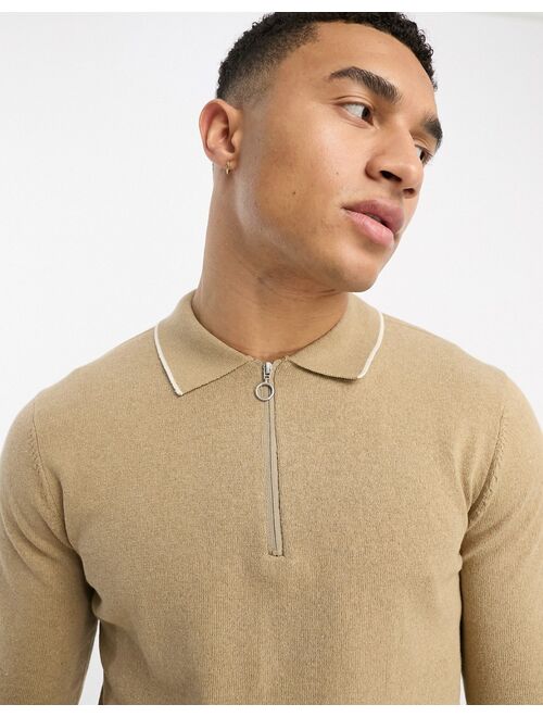 Only & Sons knitted polo with half zip in beige