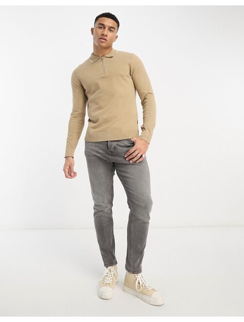 Only & Sons knitted polo with half zip in beige