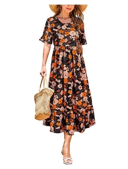 STYLEWORD Womens 2023 Floral Midi Dresses Casual Flowy Hide Belly Fat Hawaiian Short Sleeve Summer Pockets Ruffle