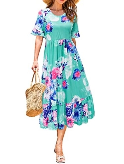 STYLEWORD Womens 2023 Floral Midi Dresses Casual Flowy Hide Belly Fat Hawaiian Short Sleeve Summer Pockets Ruffle