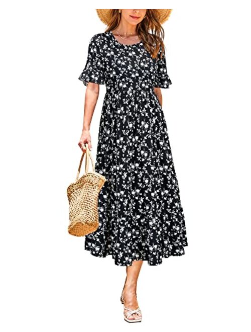 STYLEWORD Womens 2023 Floral Midi Dresses Casual Flowy Hide Belly Fat Hawaiian Short Sleeve Summer Pockets Ruffle