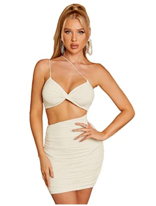 XinFSh Women's Ruched Mini Dress Sexy Cutout Waist Spaghetti Strap Going Out Bodycon Club Party Dresses