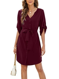 BMJL Womens Button Down Dress Summer V Neck 3/4 Sleeve Tie Waist Business Casual Work Mini Shirt Dresses