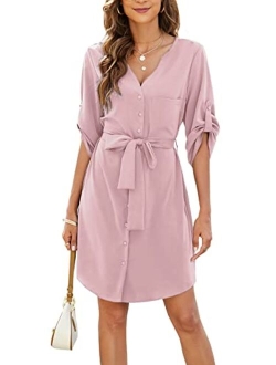 BMJL Womens Button Down Dress Summer V Neck 3/4 Sleeve Tie Waist Business Casual Work Mini Shirt Dresses