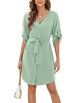 BMJL Womens Button Down Dress Summer V Neck 3/4 Sleeve Tie Waist Business Casual Work Mini Shirt Dresses