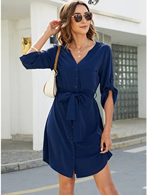 BMJL Womens Button Down Dress Summer V Neck 3/4 Sleeve Tie Waist Business Casual Work Mini Shirt Dresses