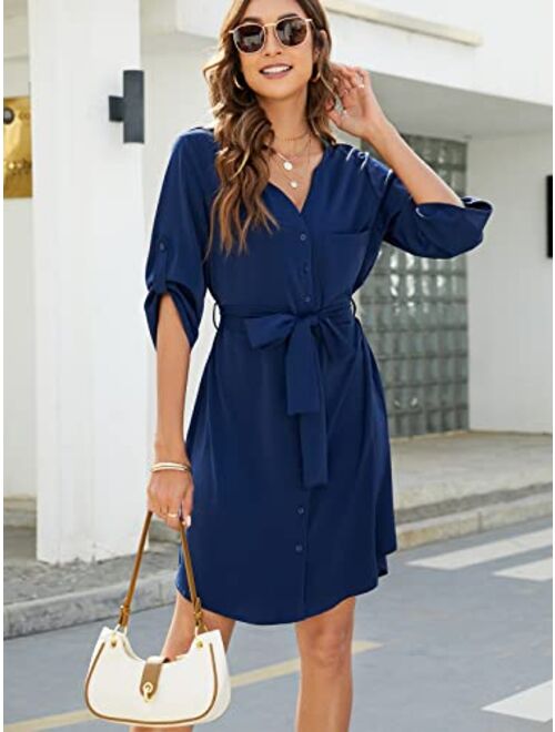 BMJL Womens Button Down Dress Summer V Neck 3/4 Sleeve Tie Waist Business Casual Work Mini Shirt Dresses