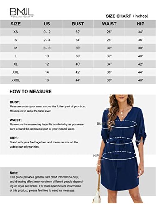 BMJL Womens Button Down Dress Summer V Neck 3/4 Sleeve Tie Waist Business Casual Work Mini Shirt Dresses