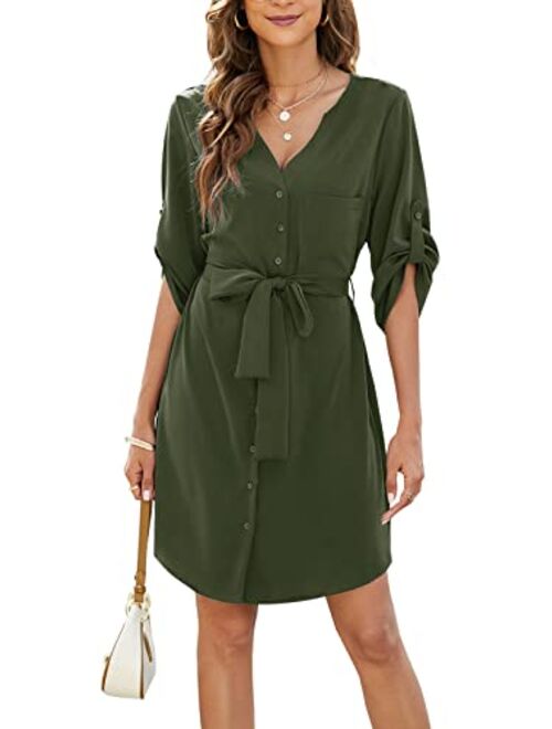 BMJL Womens Button Down Dress Summer V Neck 3/4 Sleeve Tie Waist Business Casual Work Mini Shirt Dresses