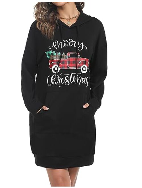 Quenteen Women Hoodies Dress Hooded Sweatshirts Dress Casual Long Sleeve Tunic Dress Oversized Sweatshirts with Pocket