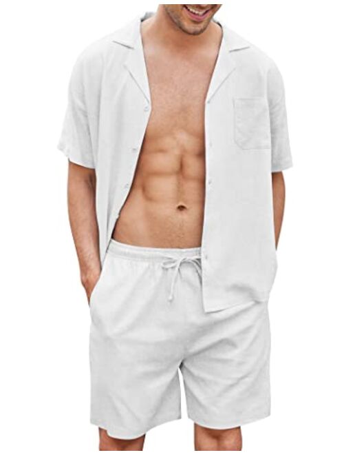 COOFANDY Men's Linen Shirts Short Sleeve Button Up Shirts Beach Hawaiian 2 Piece Short Set