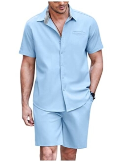 Men's 2 Piece Linen Sets Casual Short Sleeve Shirt and Shorts Beach Sets Button Down Summer Outfits with Pockets