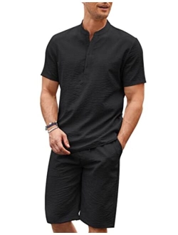 Men's 2 Pieces Linen Set Casual Henley Shirts Short Sleeve Beach Yoga Shorts Summer Pants Outfits