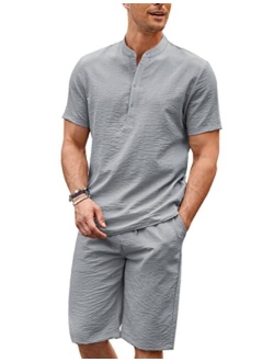 Men's 2 Pieces Linen Set Casual Henley Shirts Short Sleeve Beach Yoga Shorts Summer Pants Outfits