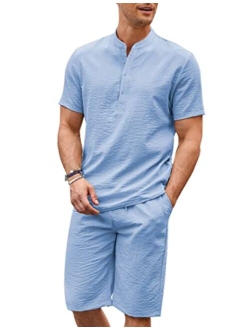 Men's 2 Pieces Linen Set Casual Henley Shirts Short Sleeve Beach Yoga Shorts Summer Pants Outfits