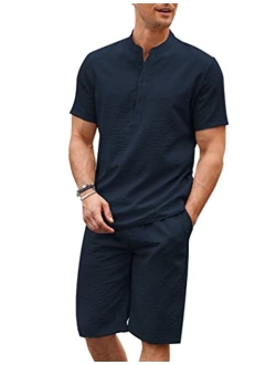 Men's 2 Pieces Linen Set Casual Henley Shirts Short Sleeve Beach Yoga Shorts Summer Pants Outfits