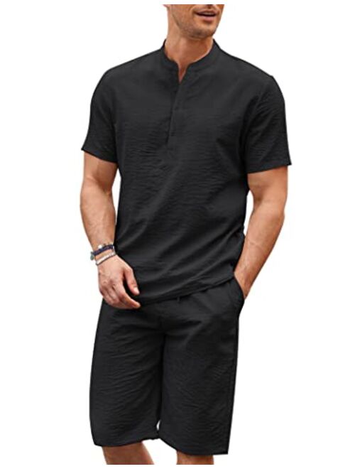 COOFANDY Men's 2 Pieces Linen Set Casual Henley Shirts Short Sleeve Beach Yoga Shorts Summer Pants Outfits