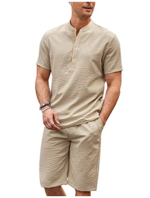 COOFANDY Men's 2 Pieces Linen Set Casual Henley Shirts Short Sleeve Beach Yoga Shorts Summer Pants Outfits