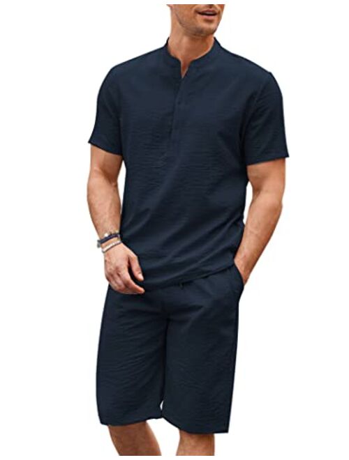 COOFANDY Men's 2 Pieces Linen Set Casual Henley Shirts Short Sleeve Beach Yoga Shorts Summer Pants Outfits