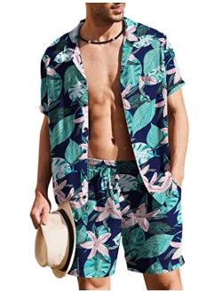 Men's 2 Pieces Shirt Set Short Sleeve Button Down Casual Hippie Holiday Beach T-Shirts Shorts Outfits