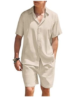 Men 2 Piece Linen Set Beach Guayabera Outfit Button Down Shirt and Short