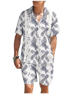 Men 2 Piece Linen Set Beach Guayabera Outfit Button Down Shirt and Short