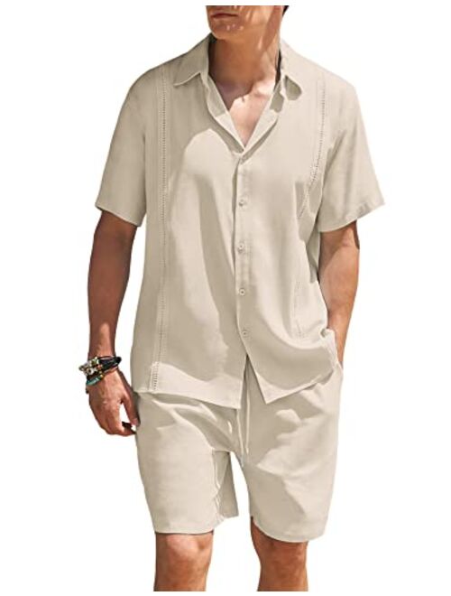 COOFANDY Men 2 Piece Linen Set Beach Guayabera Outfit Button Down Shirt and Short