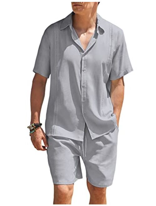 COOFANDY Men 2 Piece Linen Set Beach Guayabera Outfit Button Down Shirt and Short