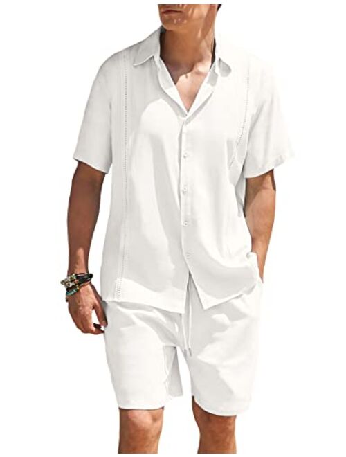 COOFANDY Men 2 Piece Linen Set Beach Guayabera Outfit Button Down Shirt and Short