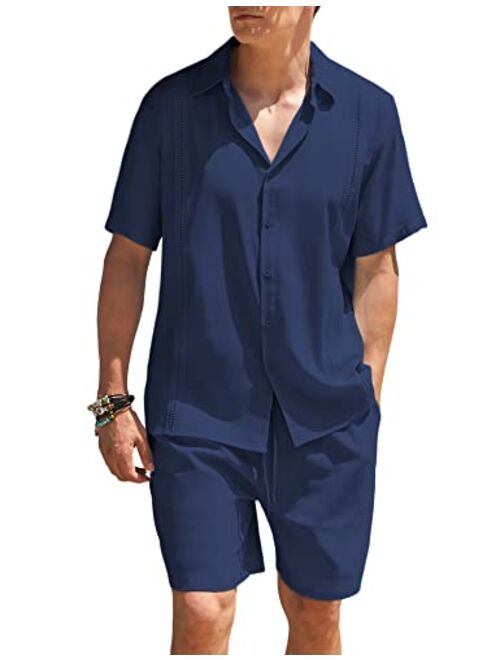 COOFANDY Men 2 Piece Linen Set Beach Guayabera Outfit Button Down Shirt and Short