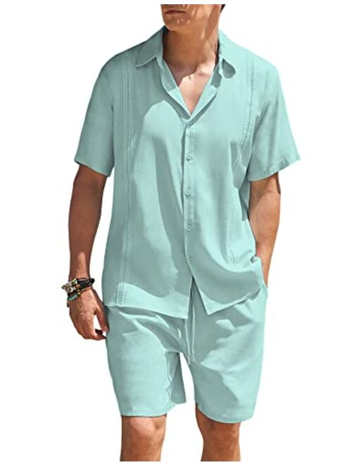 COOFANDY Men 2 Piece Linen Set Beach Guayabera Outfit Button Down Shirt and Short