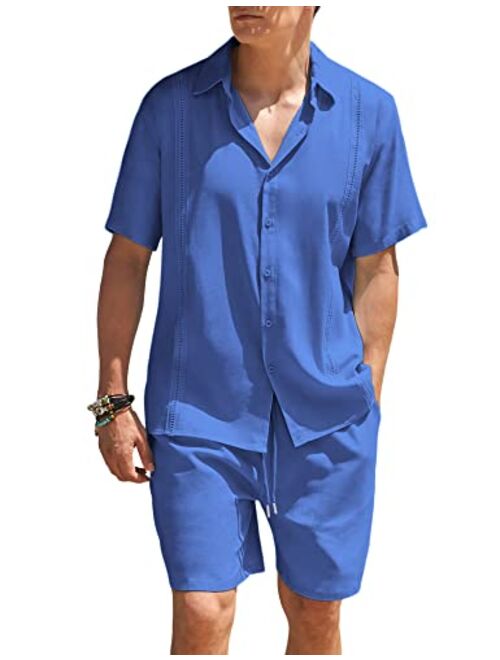 COOFANDY Men 2 Piece Linen Set Beach Guayabera Outfit Button Down Shirt and Short