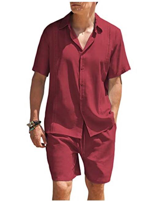 COOFANDY Men 2 Piece Linen Set Beach Guayabera Outfit Button Down Shirt and Short